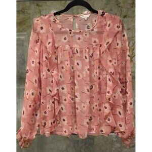 Super Cute LUCKY BRAND Pink Floral Print Ruffle Blouse Size Small